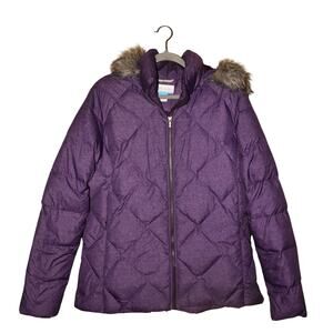 COLUMBIA $200 Icy Heights II Hooded‎ Down Puffer Jacket Purple Faux Fur Trim XL